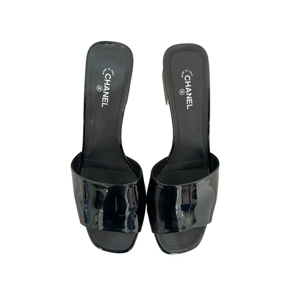 Chanel Black Patent Leather Heeled Mules - Size 41 Pre-owned Black Leather Good - Inside View