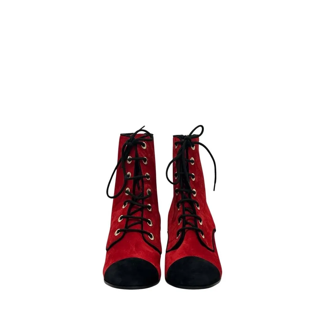 Chanel NWOB Chanel Red Suede 19K Block Heel Lace-Up Boots Sz.41 Pre-owned Red Suede Never worn - Back View