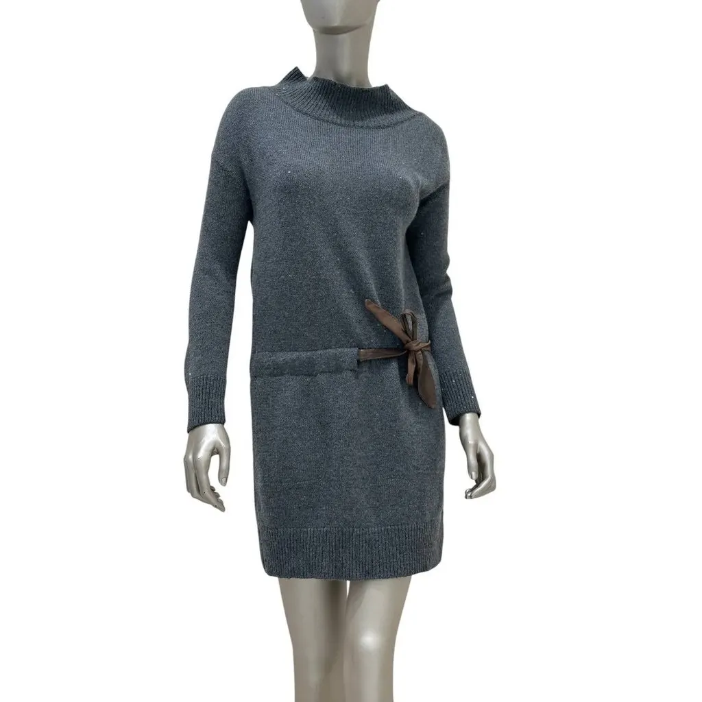 Brunello Cucinelli Elegant Wool Leather Belt Dress Sz.XS/S pre-owned Green Wool Good - Front View