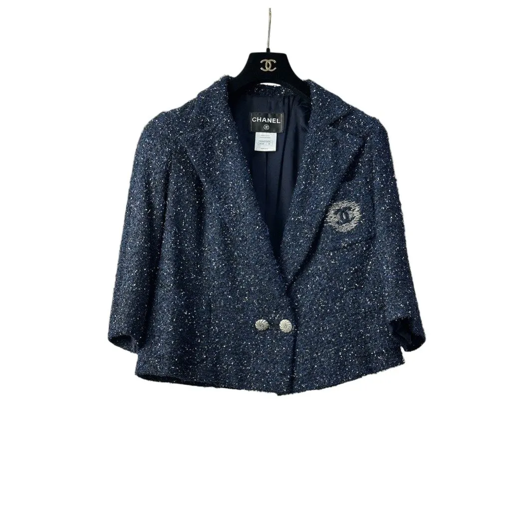 Chanel 2012 Navy Blue Tweed Jacket, Sz.38Pre-owned Navy Tweed Good - Front View