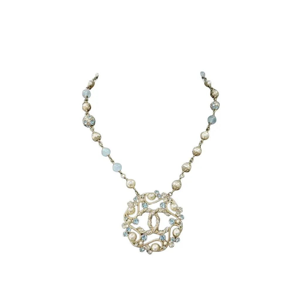 Chanel B19 Aquamarine Resin & Pearls Necklace Pre-owned Silver Lace Good - Front View