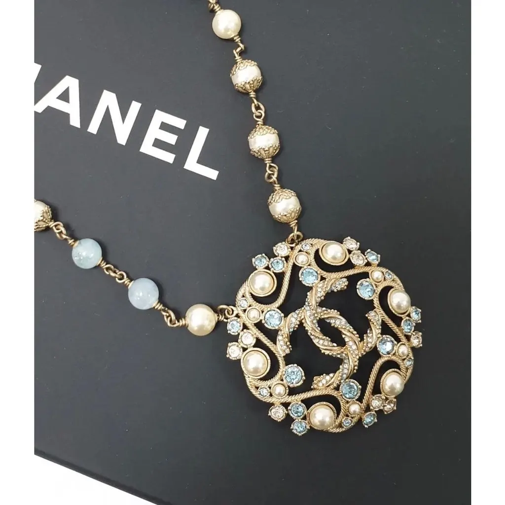 Chanel B19 Aquamarine Resin & Pearls Necklace Pre-owned Silver Lace Good - Back View