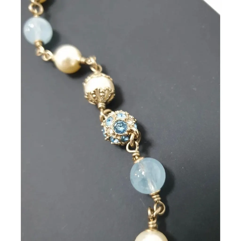 Chanel B19 Aquamarine Resin & Pearls Necklace Pre-owned Silver Lace Good - Box View