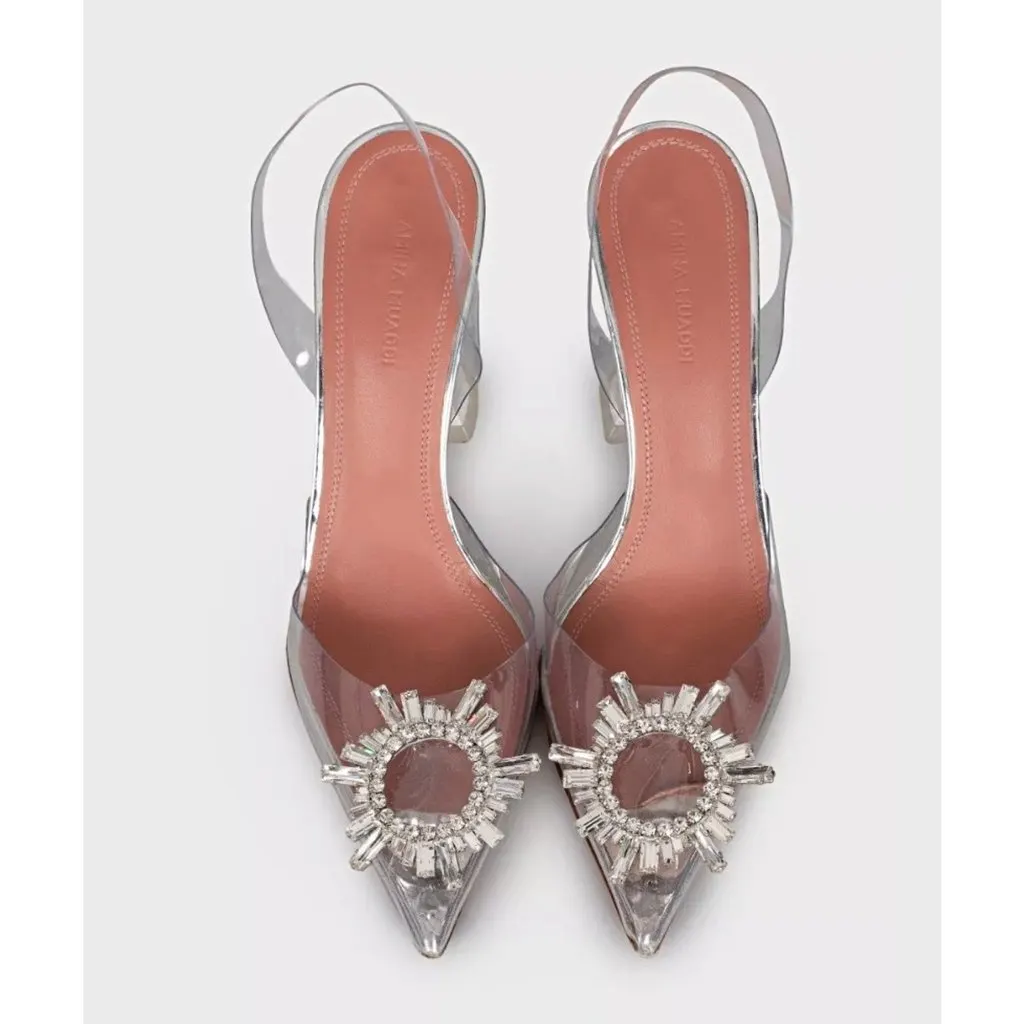 Amina Muaddi Begum Clear Slingbacks - Size 38 Pre-owned Silver Leather Good - Back View