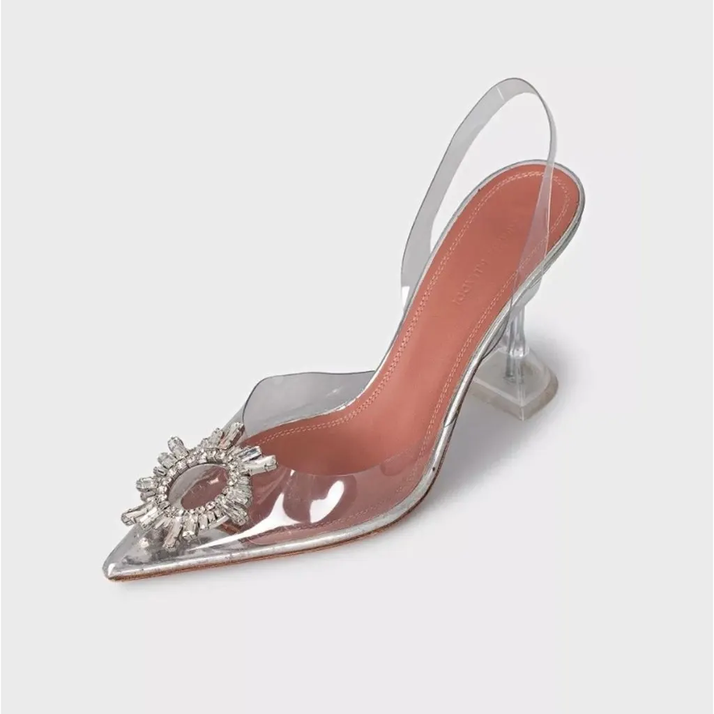 Amina Muaddi Begum Clear Slingbacks - Size 38 Pre-owned Silver Leather Good - Inside View