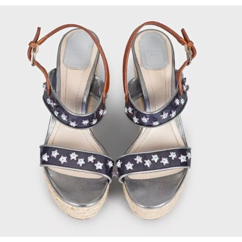 Dior Christian Dior Gray Leather Wedge Sandals Sz 39 pre-owned Grey Leather Good - Back View