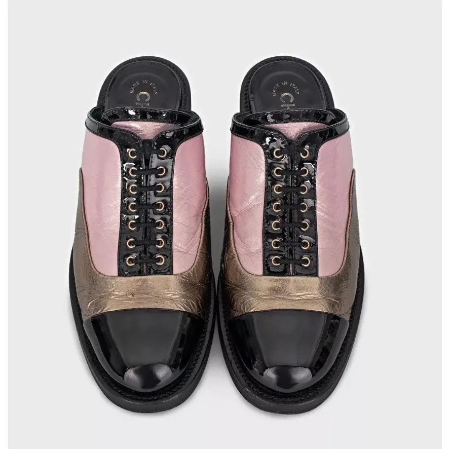 Chanel Tricolor Lace-Up Clogs Sz.38.5 Pre-owned Black Lace Good - Back View