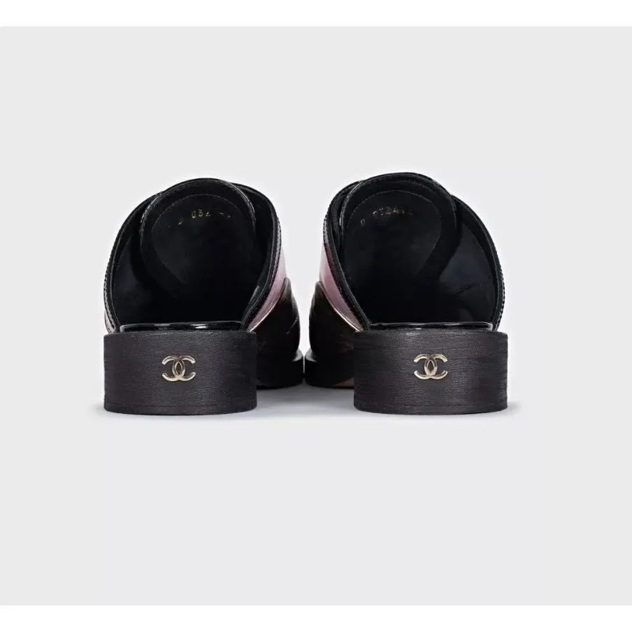 Chanel Tricolor Lace-Up Clogs Sz.38.5 Pre-owned Black Lace Good - Box View