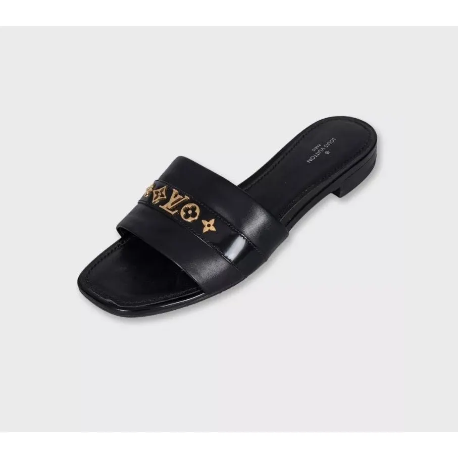 Louis Vuitton Black Leather Gold Hardware Slides Sz.39 Pre-owned Black Leather Good - Inside View