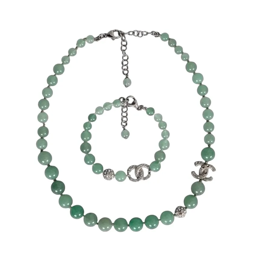 Chanel Spring/Summer 2015 Green Necklace & Bracelet Set Pre-owned Green Lace Good - Front View