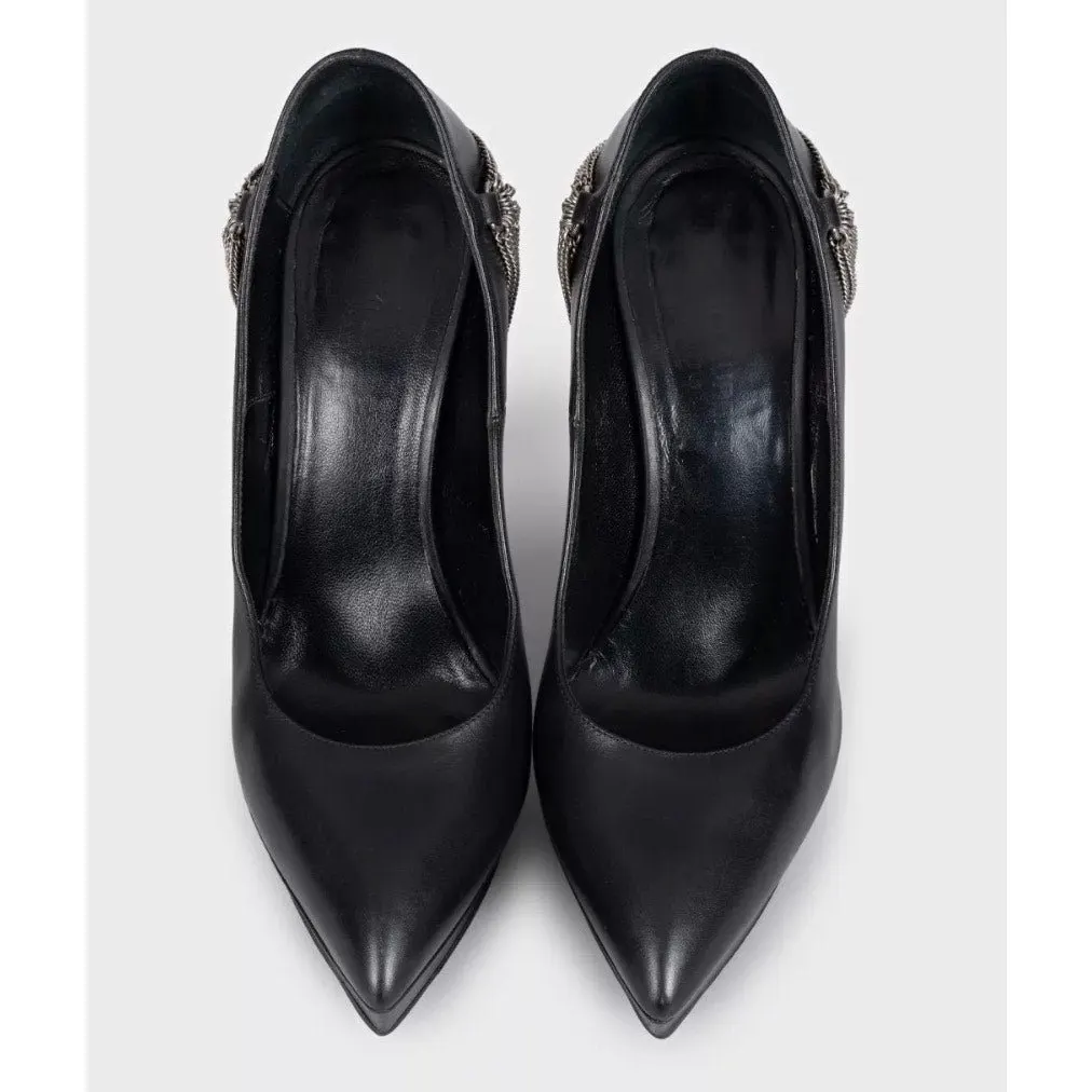 Saint Laurent Chain-Detail Black Leather Heels Sz.37 Pre-owned Black Leather Good - Back View
