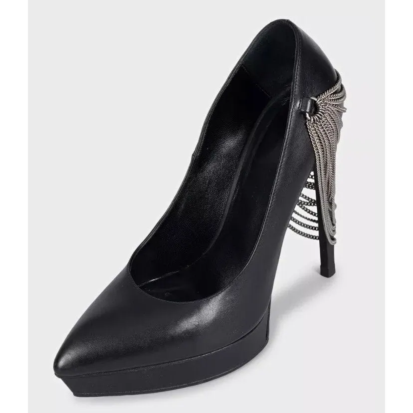 Saint Laurent Chain-Detail Black Leather Heels Sz.37 Pre-owned Black Leather Good - Inside View