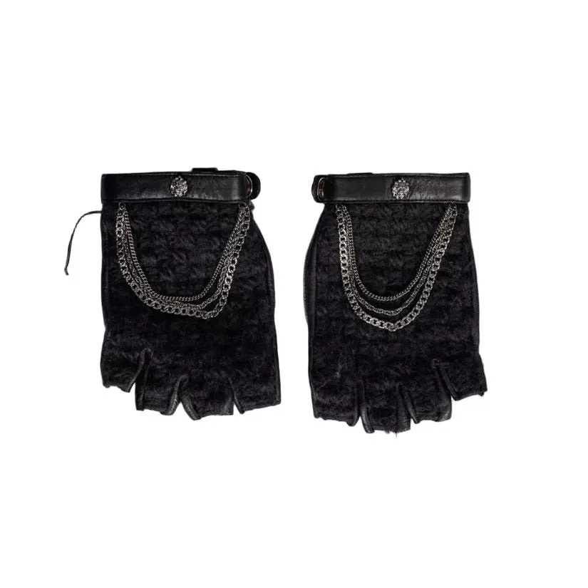 Chanel Black Leather Chain Detail Fingerless Gloves Mittens Sz.7.5 Pre-owned Black Leather Good - Front View