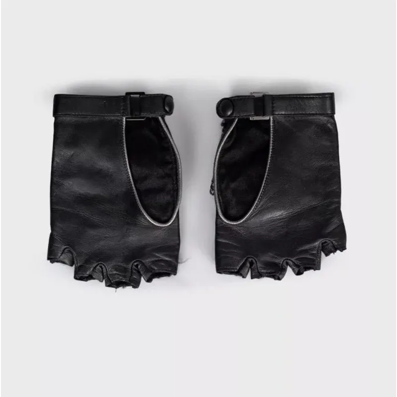 Chanel Black Leather Chain Detail Fingerless Gloves Mittens Sz.7.5 Pre-owned Black Leather Good - Back View