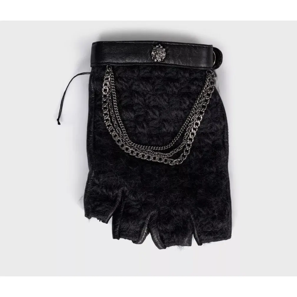 Chanel Black Leather Chain Detail Fingerless Gloves Mittens Sz.7.5 Pre-owned Black Leather Good - Inside View