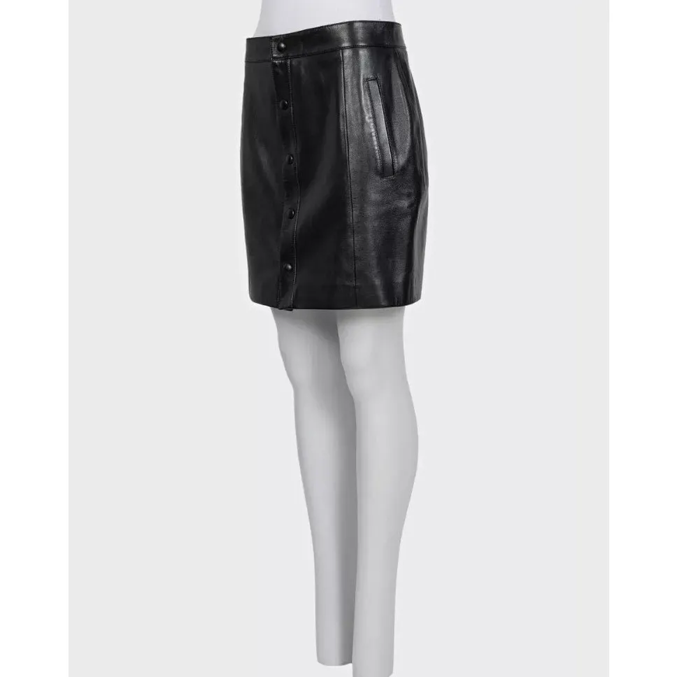 Saint Laurent Black Leather A-Line Button-Up Skirt Sz 42 Pre-owned Black Leather Good - Back View