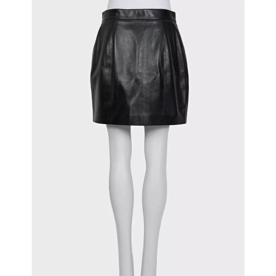 Saint Laurent Black Leather A-Line Button-Up Skirt Sz 42 Pre-owned Black Leather Good - Inside View