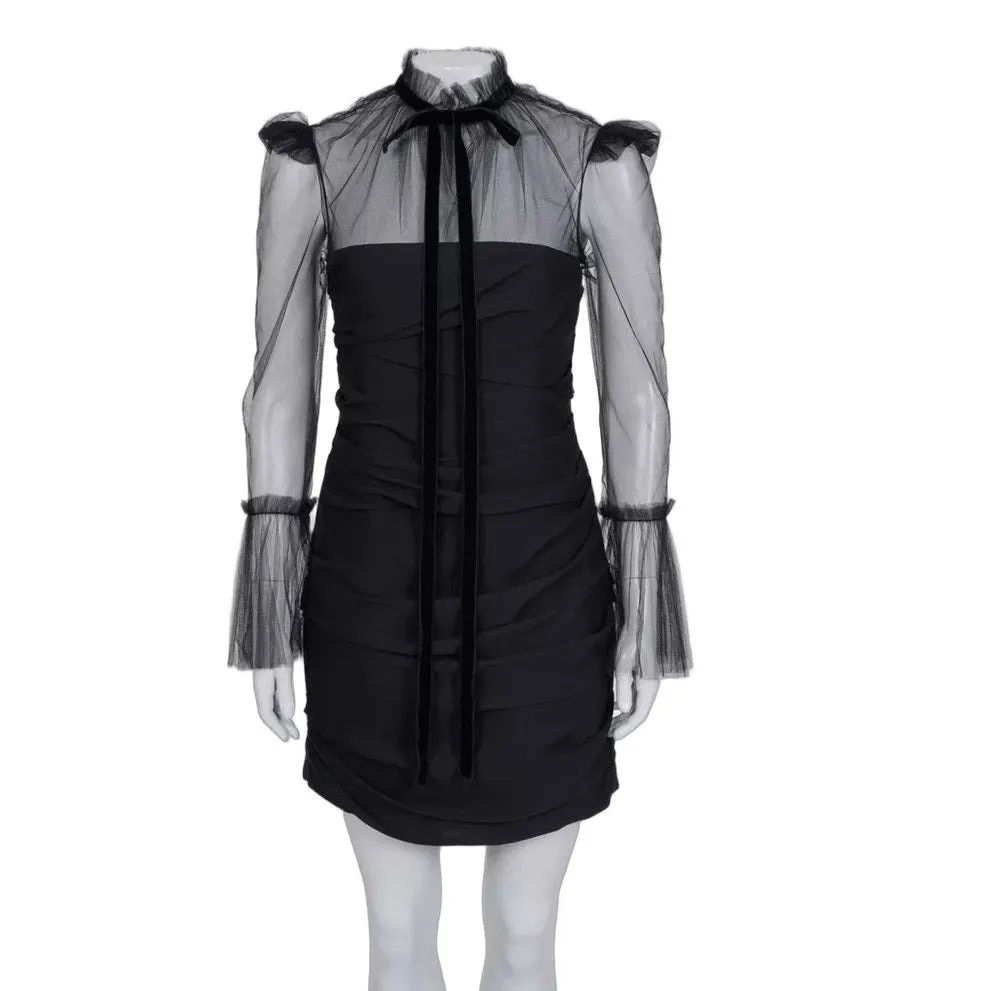 Khaite Khaite Black Silk Cocktail Dress with Sheer Sleeves XS pre-owned Black Silk Never worn - Front View