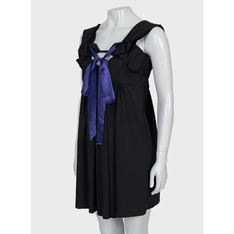 Miu Miu Chic Black Dress with Playful Purple Bow - Size 40/S Pre-owned Black Cotton Good - Back View