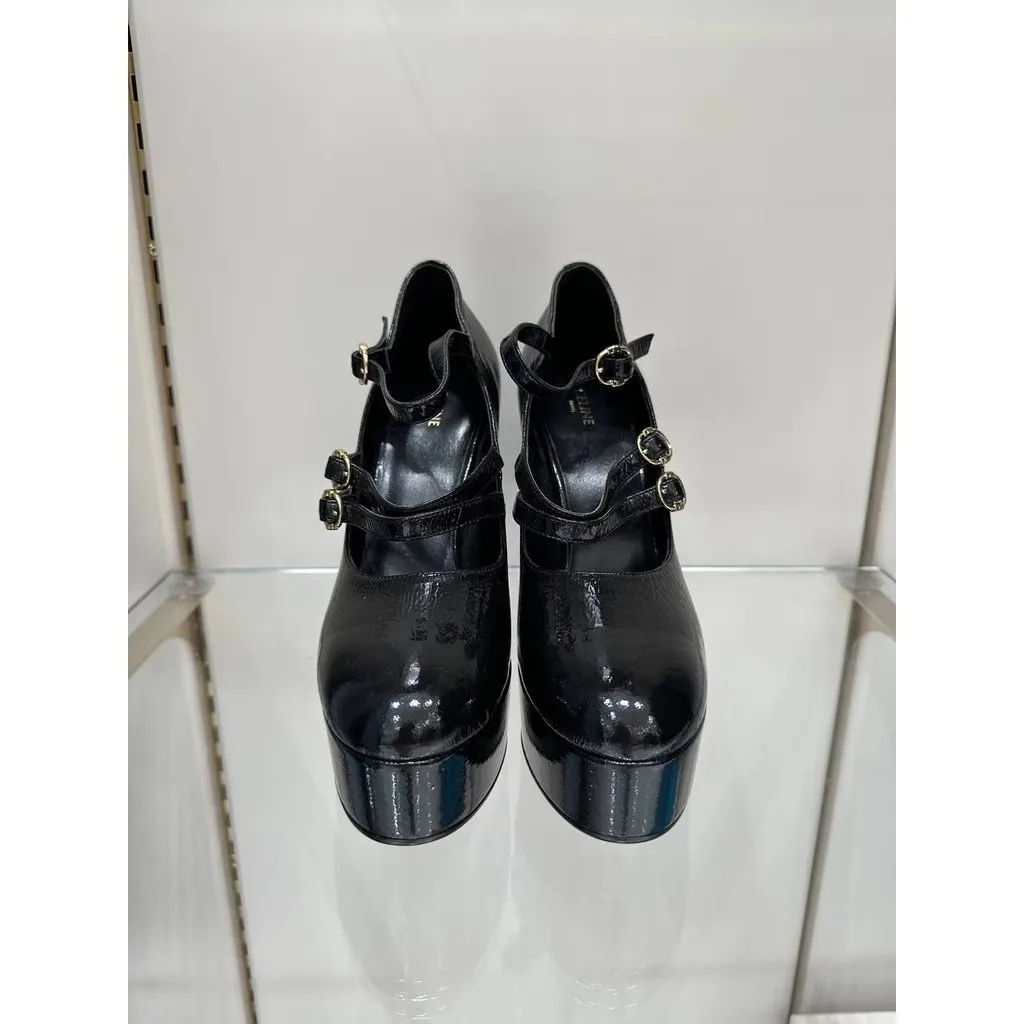 Celine FW 2020 Melody Black Patent Mary Jane Pumps 37 pre-owned Black Leather Never worn - Model View