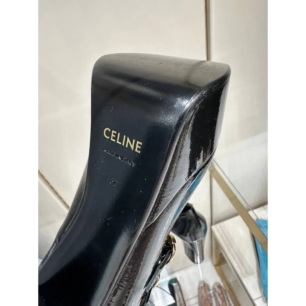 Celine FW 2020 Melody Black Patent Mary Jane Pumps 37 pre-owned Black Leather Never worn - Box View