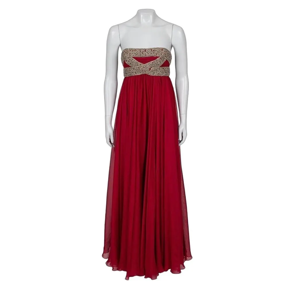 Marchesa Red Silk Crystal Embellished Maxi Dress Sz 6/M pre-owned Red Silk Good - Front View