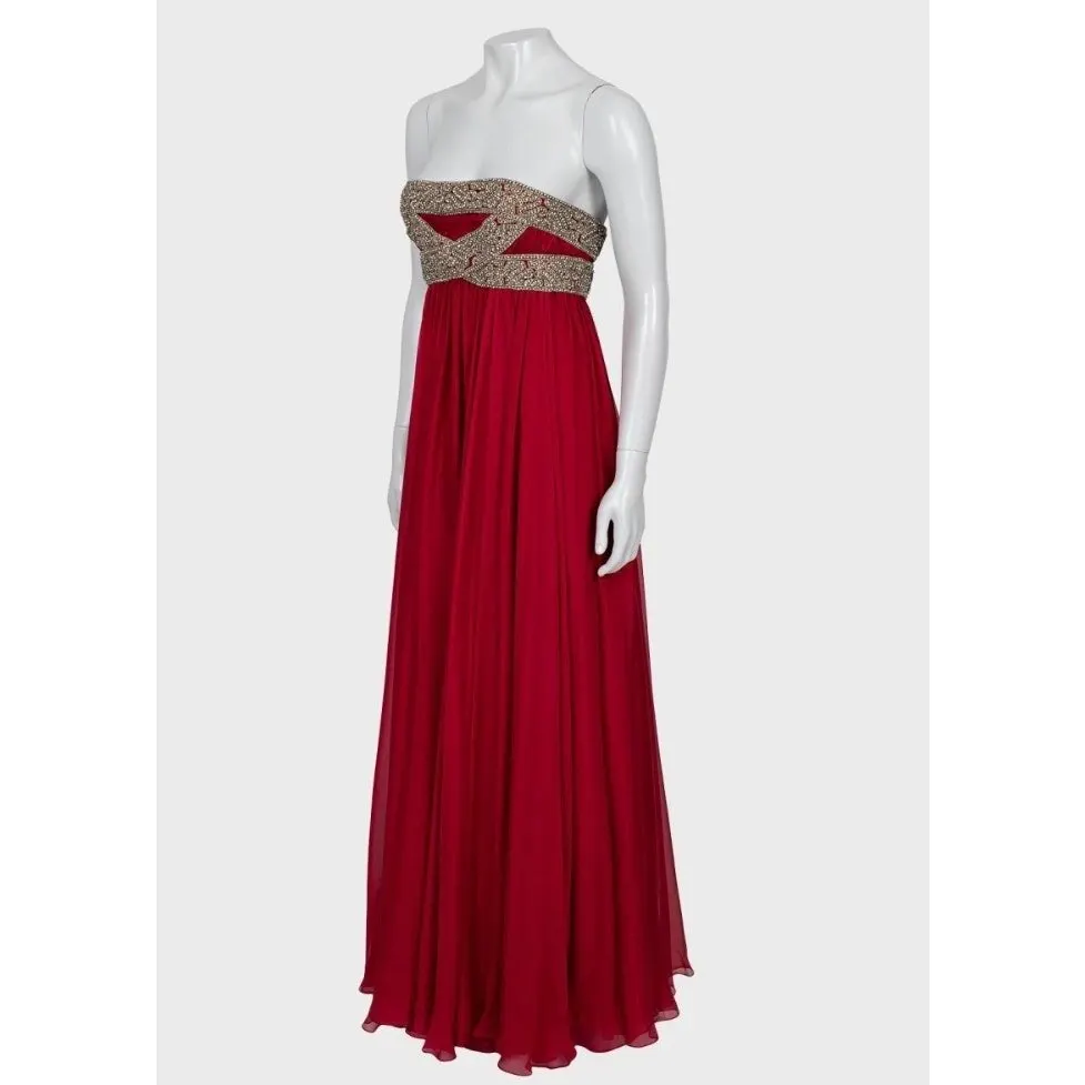 Marchesa Red Silk Crystal Embellished Maxi Dress Sz 6/M pre-owned Red Silk Good - Back View