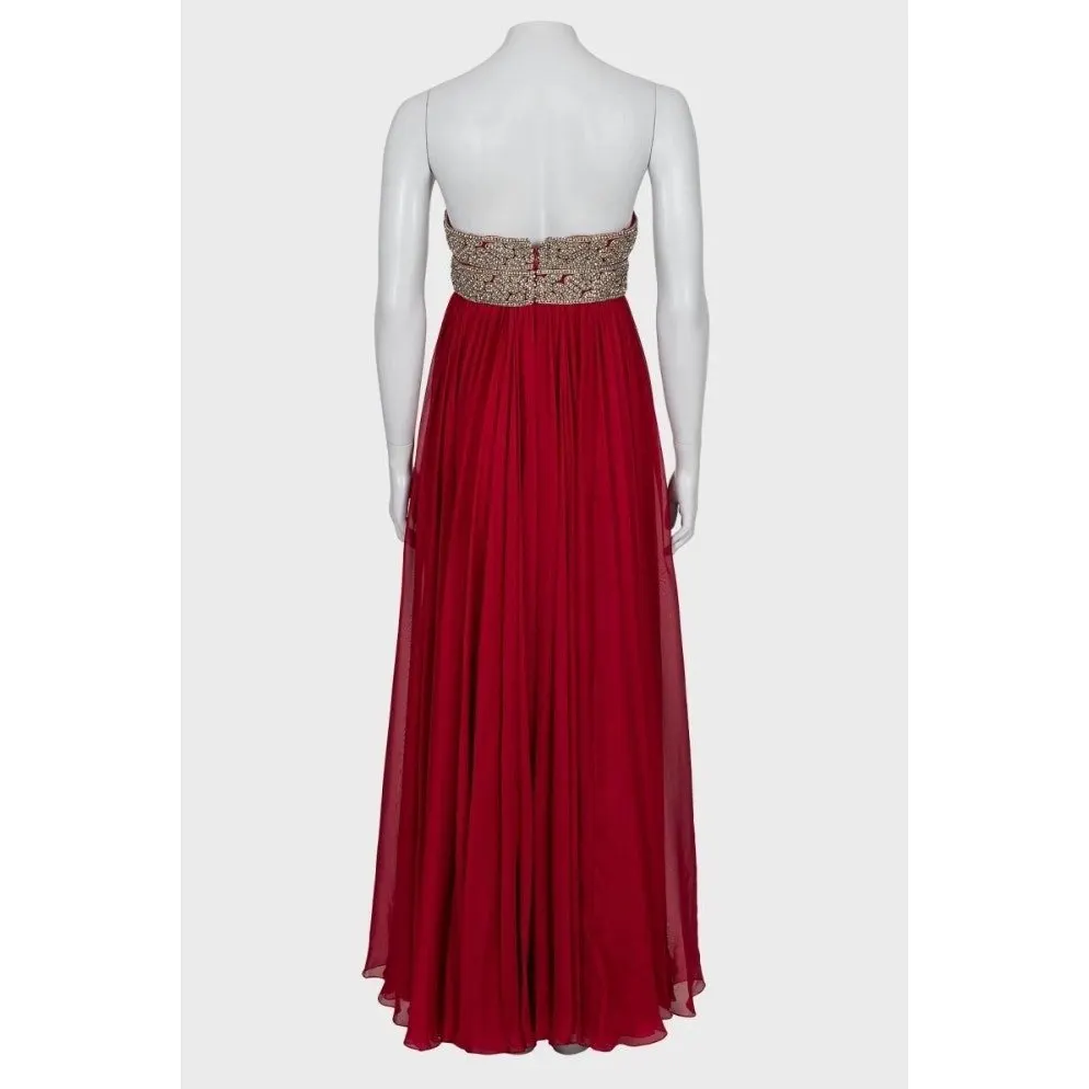 Marchesa Red Silk Crystal Embellished Maxi Dress Sz 6/M pre-owned Red Silk Good - Inside View