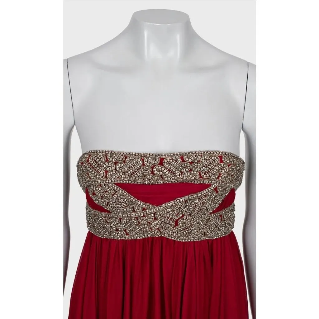 Marchesa Red Silk Crystal Embellished Maxi Dress Sz 6/M pre-owned Red Silk Good - Model View
