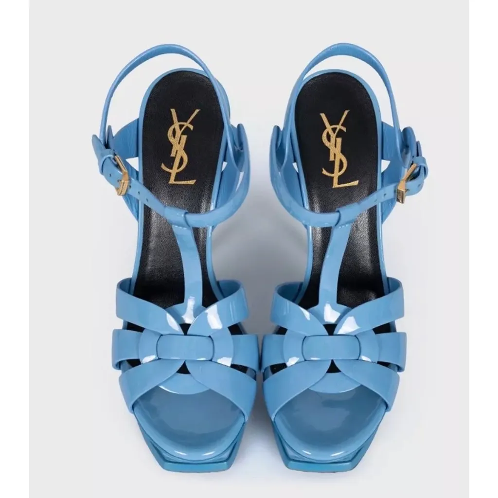 Saint Laurent Saint Laurent Tribute Blue Leather Platform Sandals Sz.38 Blue Leather Good - Back View