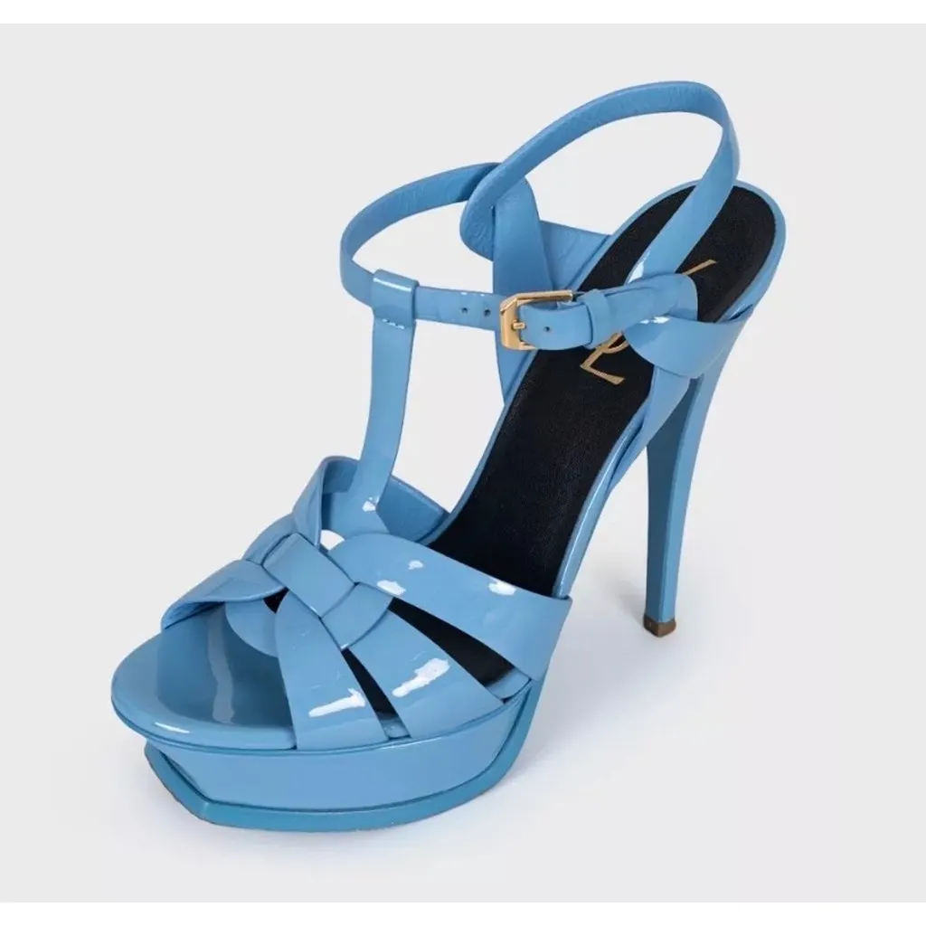 Saint Laurent Saint Laurent Tribute Blue Leather Platform Sandals Sz.38 Blue Leather Good - Inside View