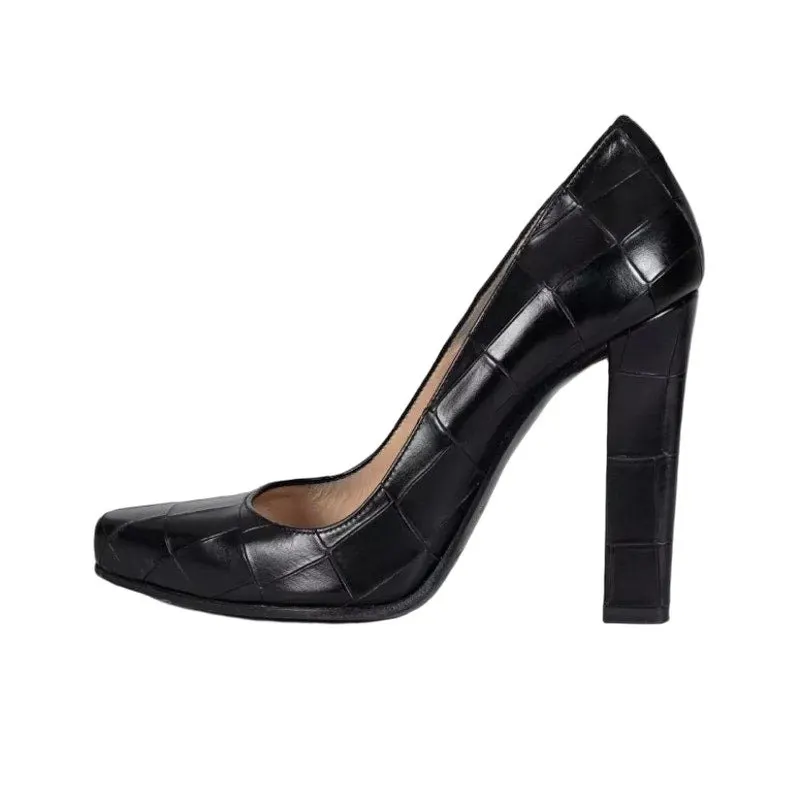 Roberto Cavalli Black Embossed Leather Block Heel Pumps Sz.36 Pre-owned Black Leather Good - Front View
