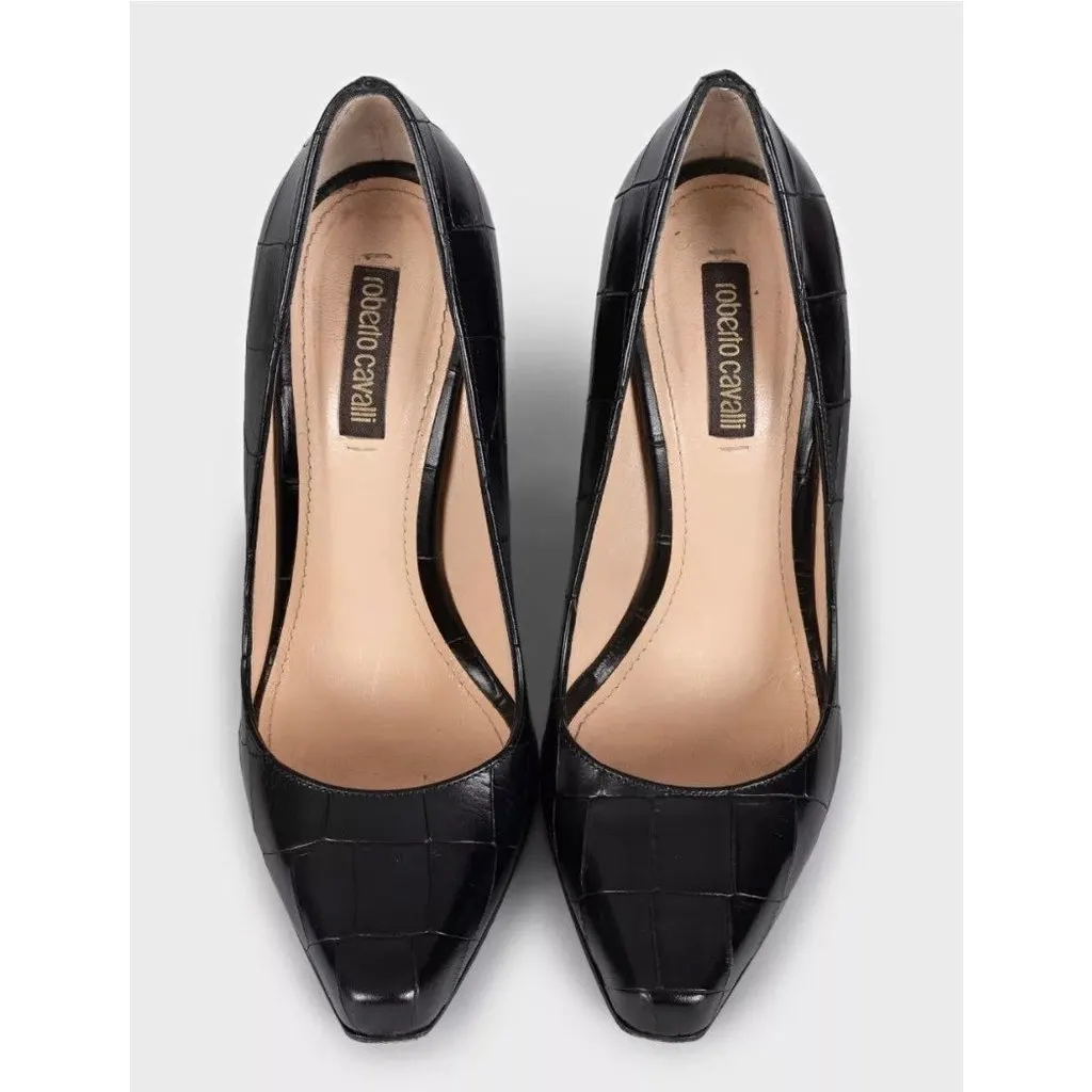 Roberto Cavalli Black Embossed Leather Block Heel Pumps Sz.36 Pre-owned Black Leather Good - Back View