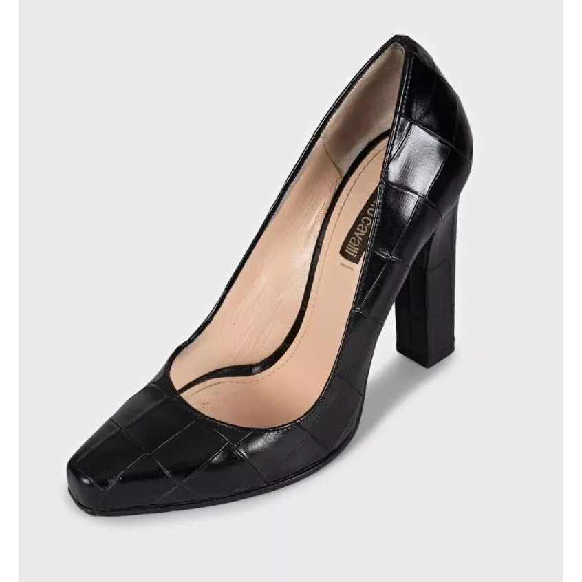 Roberto Cavalli Black Embossed Leather Block Heel Pumps Sz.36 Pre-owned Black Leather Good - Inside View