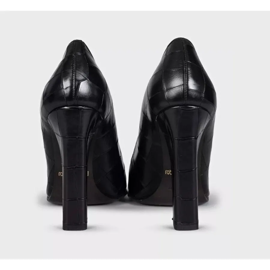 Roberto Cavalli Black Embossed Leather Block Heel Pumps Sz.36 Pre-owned Black Leather Good - Model View