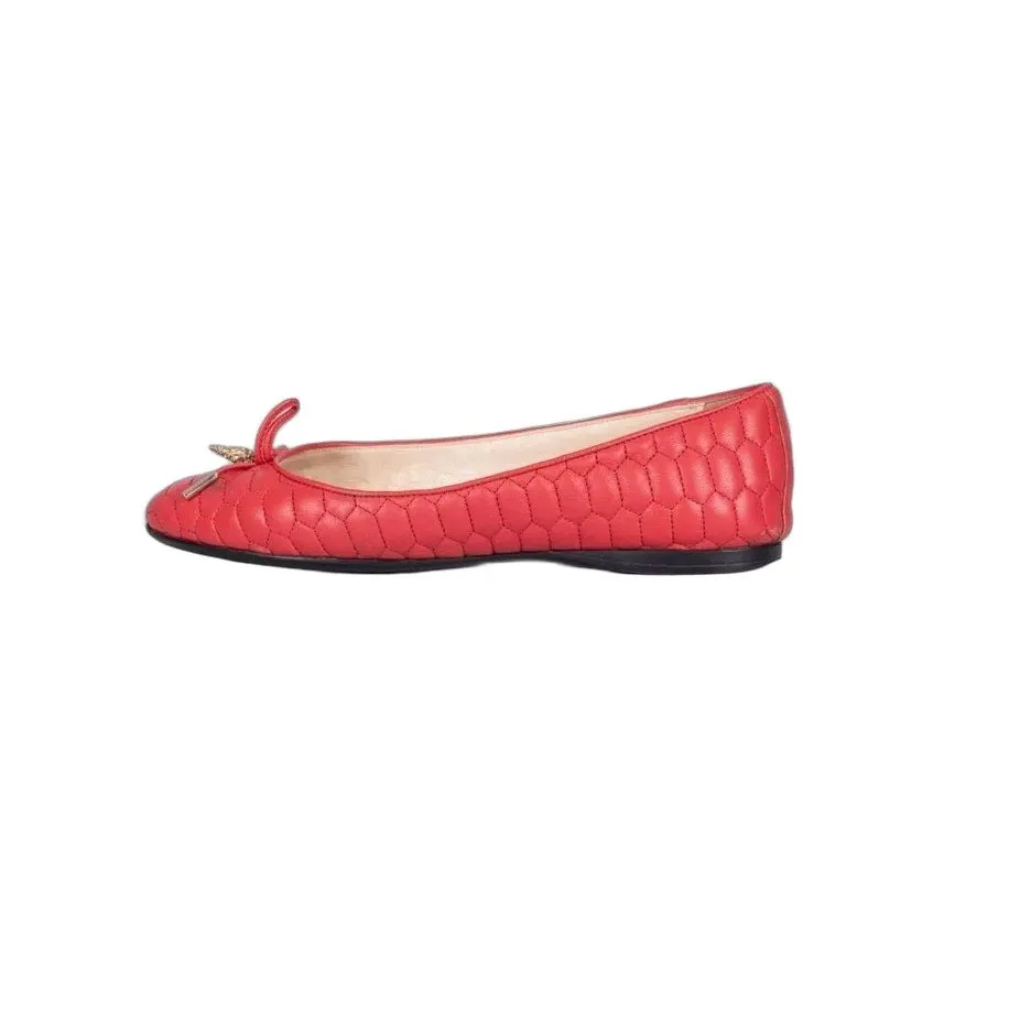 Roberto Cavalli Red Quilted Leather Flats w/ Crystal Charm EU 37 pre-owned Red Leather Good - Front View