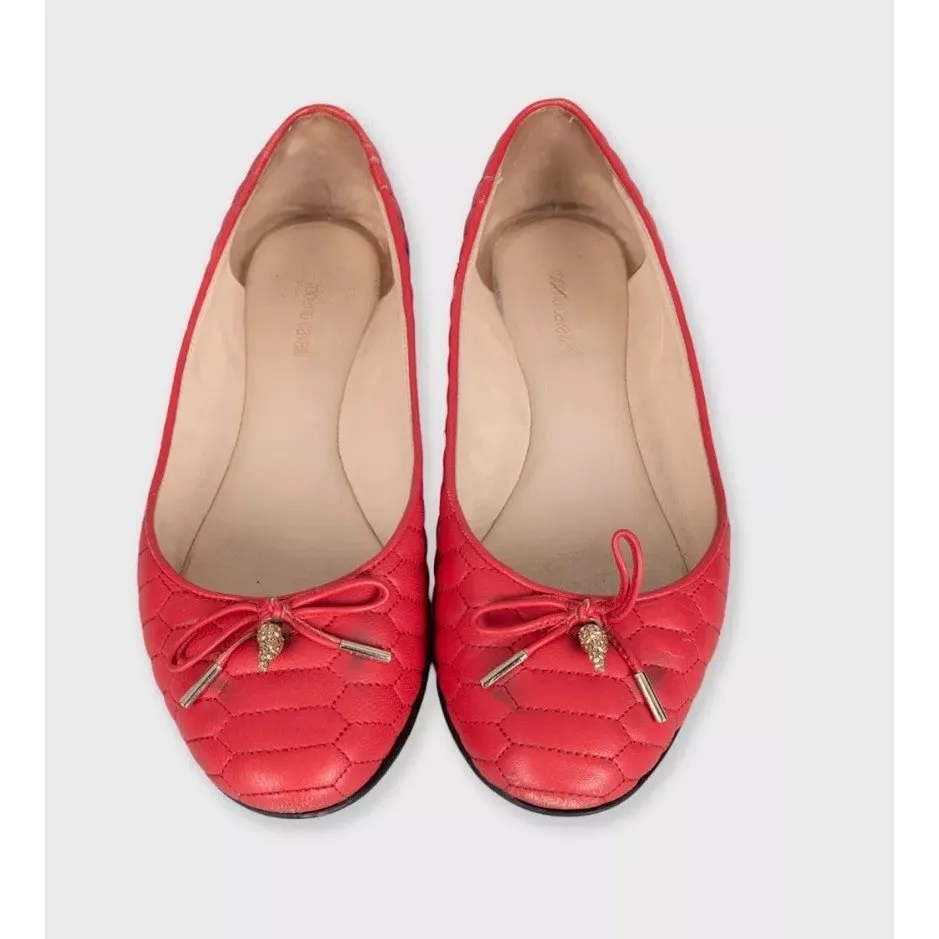 Roberto Cavalli Red Quilted Leather Flats w/ Crystal Charm EU 37 pre-owned Red Leather Good - Back View