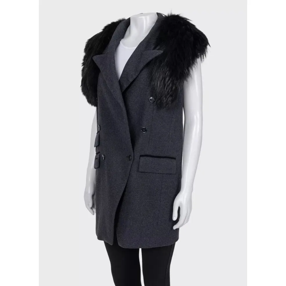 Dolce & Gabbana Gray Wool & Faux Fur Double-Breasted Vest Sz.40 pre-owned Grey Wool Good - Back View