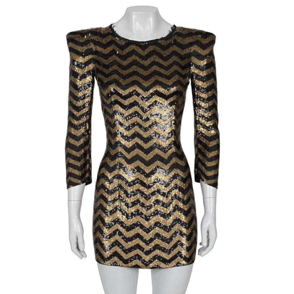 Balmain Striped Sequin Silk Mini Dress - Size S pre-owned Gold Silk Good - Front View