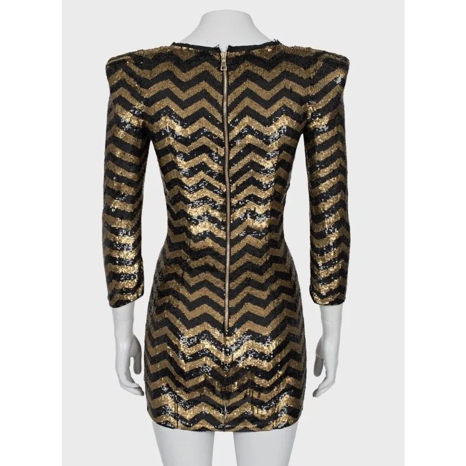 Balmain Striped Sequin Silk Mini Dress - Size S pre-owned Gold Silk Good - Inside View