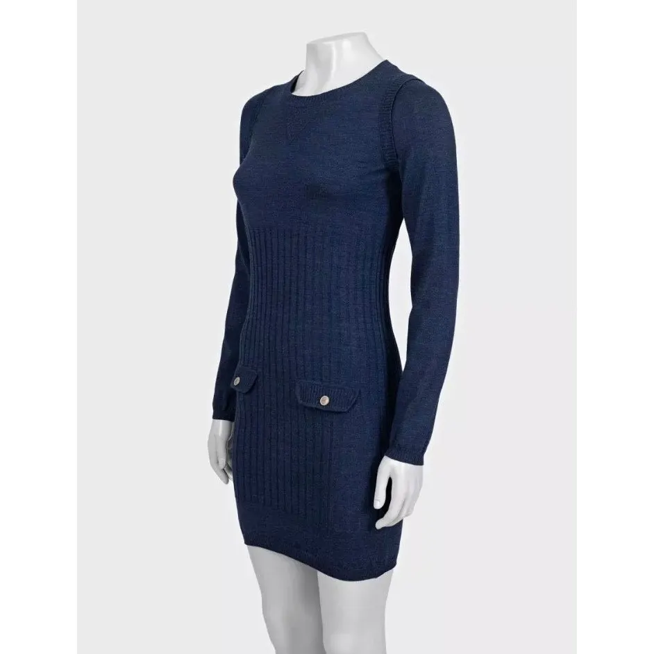 Chanel Fitted Wool & Silk Dress Sz.36 Pre-owned Blue Wool Good - Back View