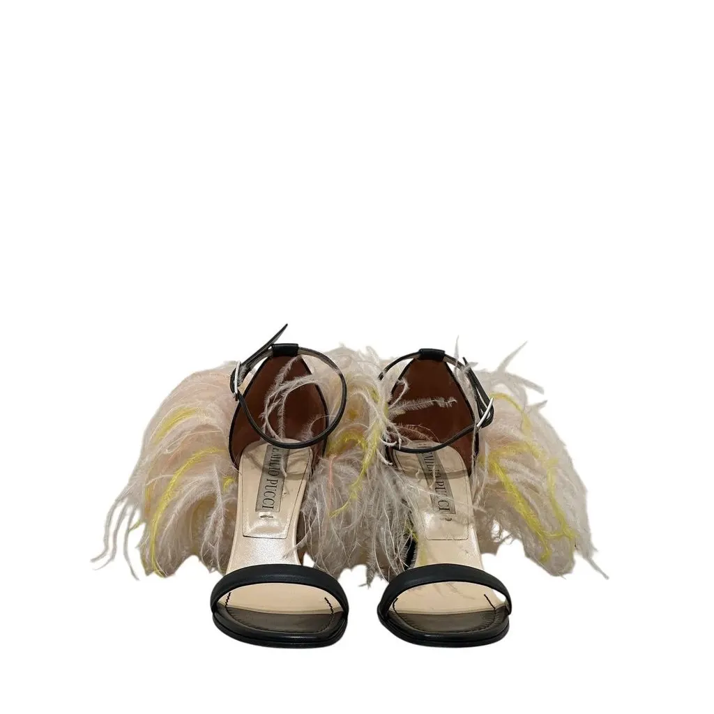 Emilio Pucci Feathered Strap High Block Heel Sandals sz. 39 Pre-owned Red Leather Good - Inside View