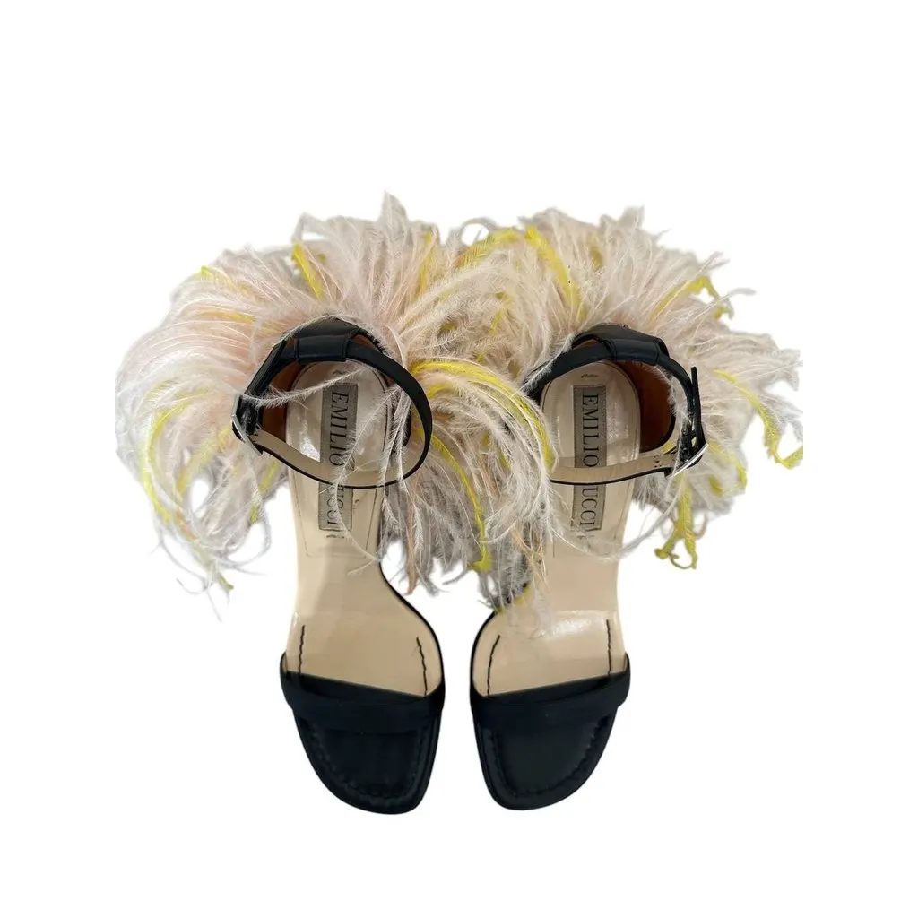 Emilio Pucci Feathered Strap High Block Heel Sandals sz. 39 Pre-owned Red Leather Good - Box View