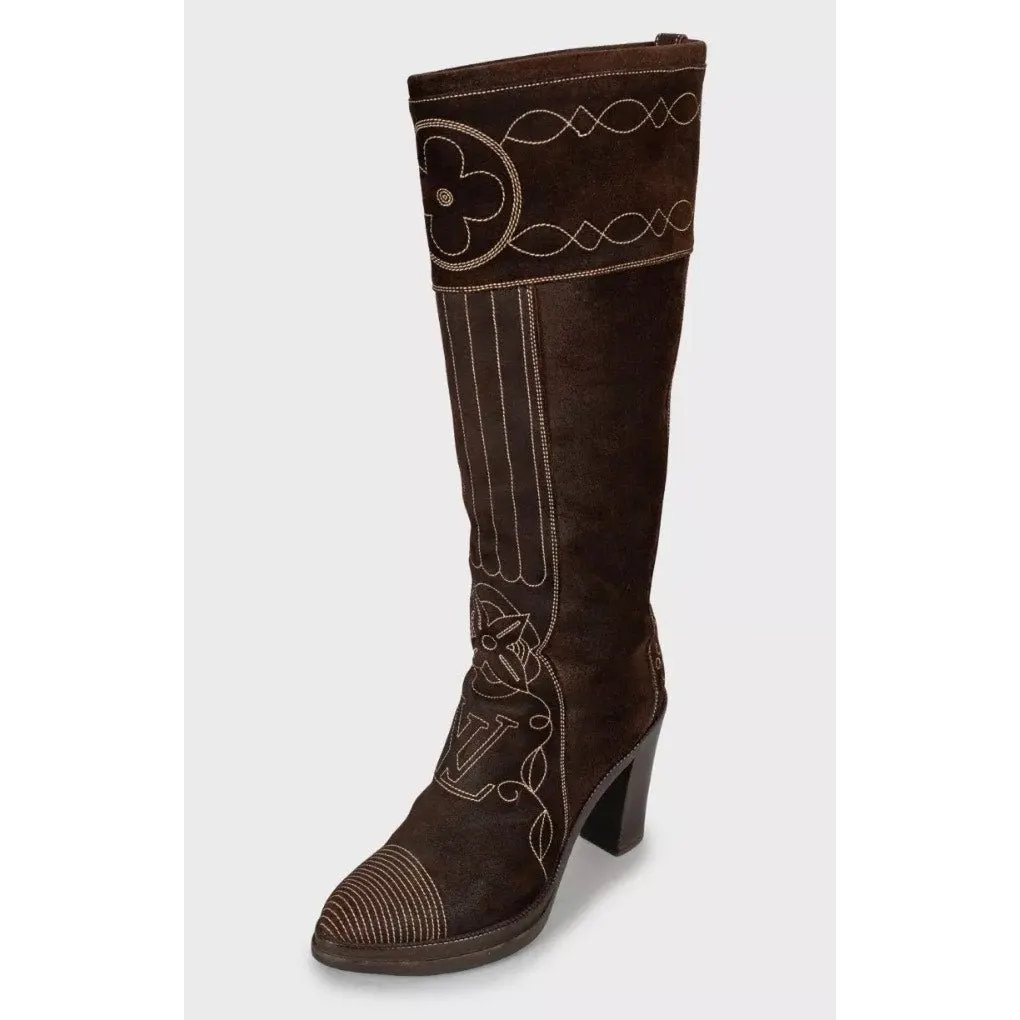 Louis Vuitton Suede Boots with Contrast Stitching – Size 38 pre-owned Brown Suede Good - Inside View