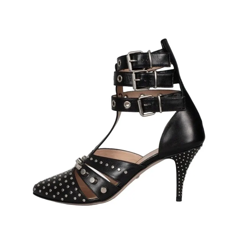 Gucci NWB Elegant Gucci Black Leather Studded Wedge Heels Sz. 39 Pre-owned Black Leather Never worn - Front View