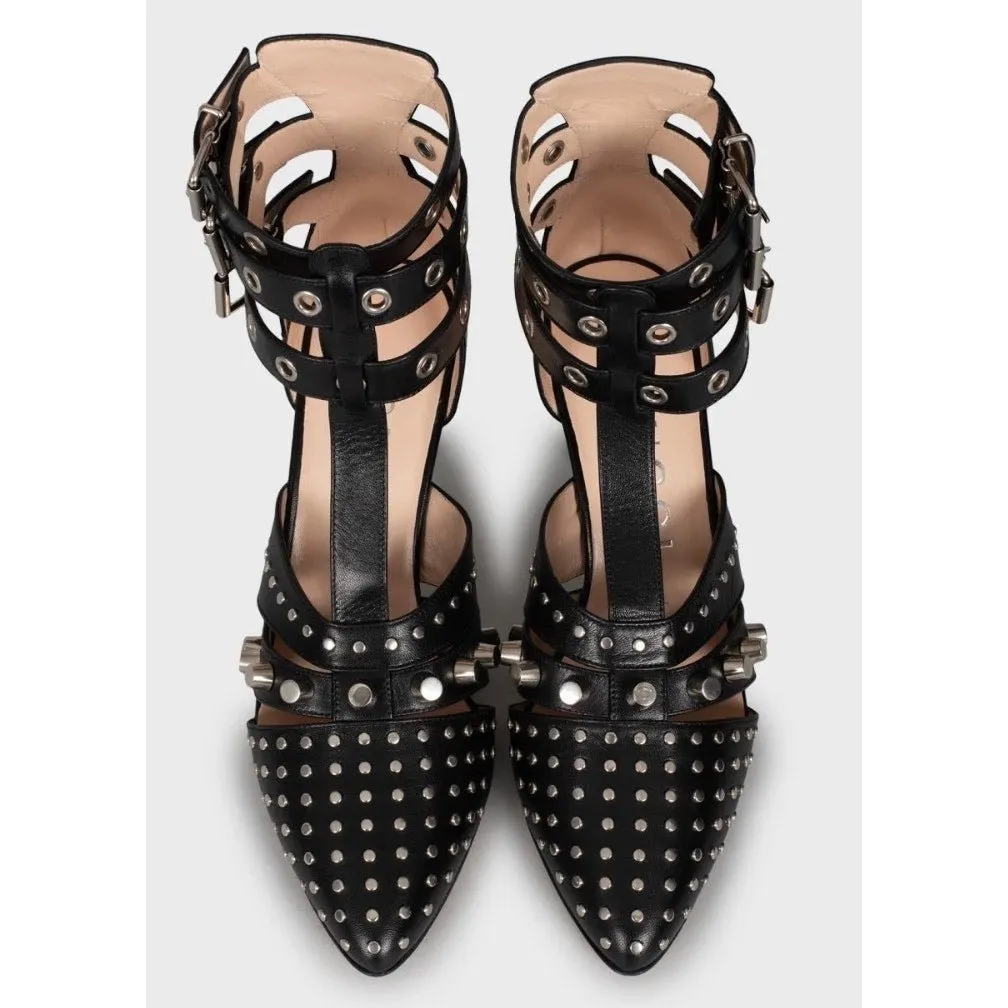 Gucci NWB Elegant Gucci Black Leather Studded Wedge Heels Sz. 39 Pre-owned Black Leather Never worn - Back View