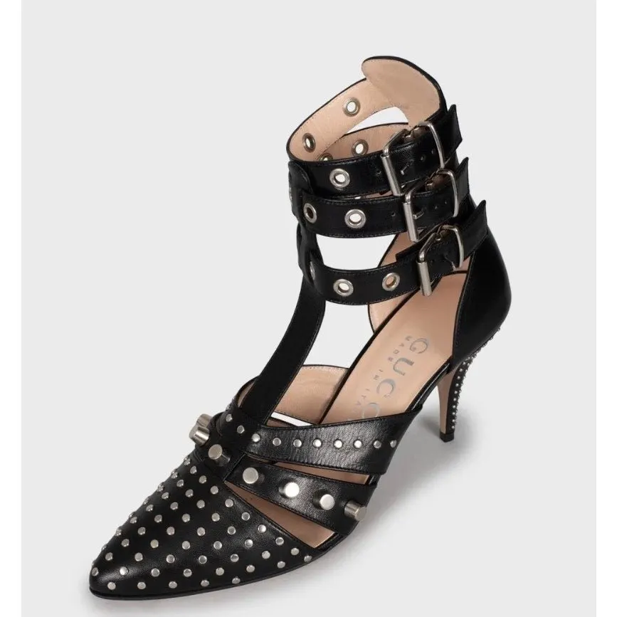 Gucci NWB Elegant Gucci Black Leather Studded Wedge Heels Sz. 39 Pre-owned Black Leather Never worn - Inside View