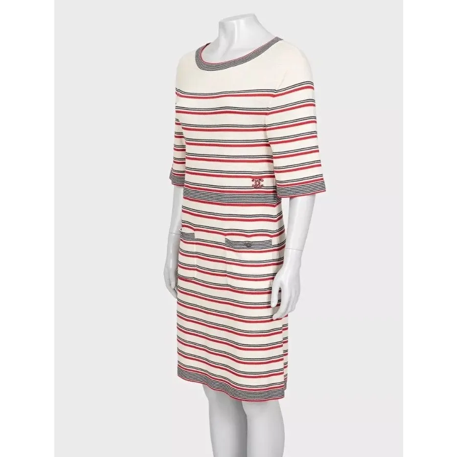 Chanel Beige Striped Print Dress - Size FR36/S pre-owned Beige Wool Good - Back View