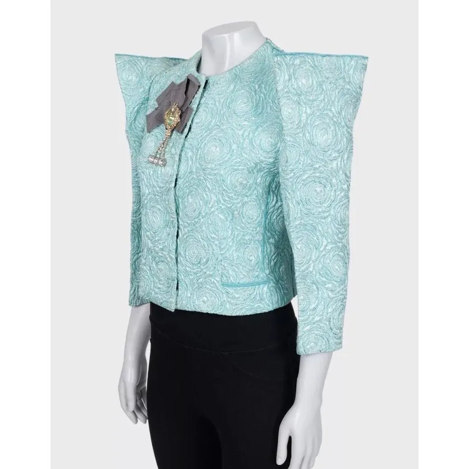 Dolce & Gabbana Shimmering Chic Accented Shoulders Jacket Sz.44 Pre-owned Blue Wool Good - Back View
