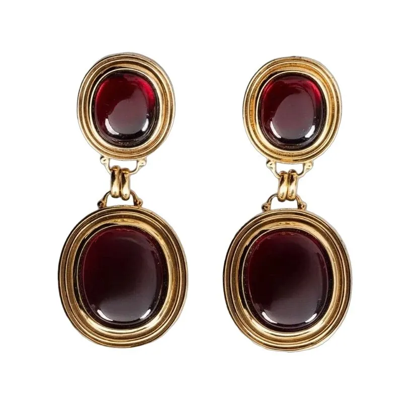 Saint Laurent Elegant Gold Drop Clip-On Statement Earrings pre-owned Gold Good - Front View